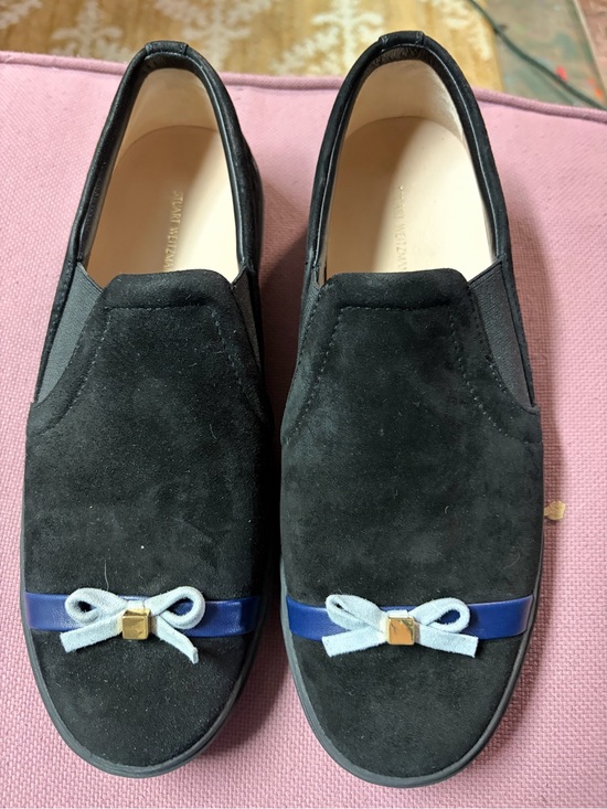 Stuart Weitzman Shoes - Stuart Weitzman Black Suede Slip-On Loafers with Blue Trim and Light Blue Bow